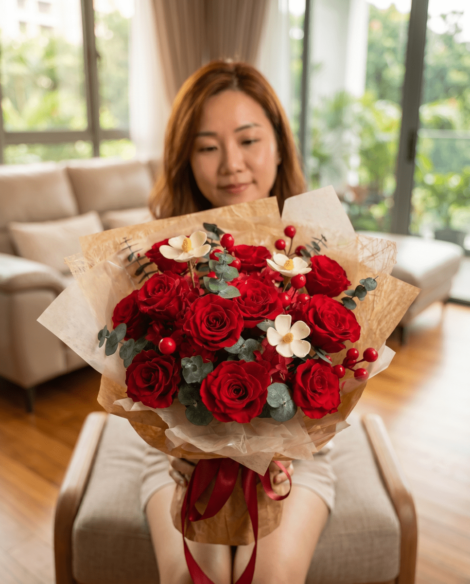 Hana (Rose) - Red Rose with Eucalyptus - Flowers - Original - Preserved Flowers & Fresh Flower Florist Gift Store