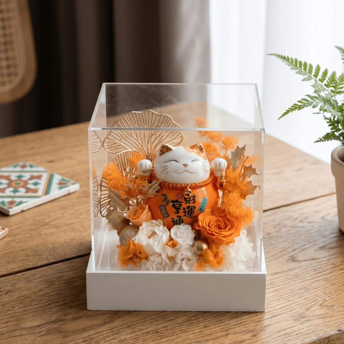 Maneki - Neko 招き猫 Flower Box, Orange (Wealth Luck All Ways) - Flowers - Preserved Flowers & Fresh Flower Florist Gift Store
