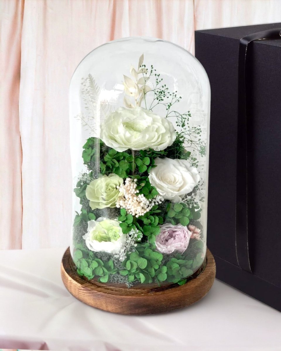 Hazel Roses (large dome with gift box) - Flower - Viridian Green - Preserved Flowers & Fresh Flower Florist Gift Store